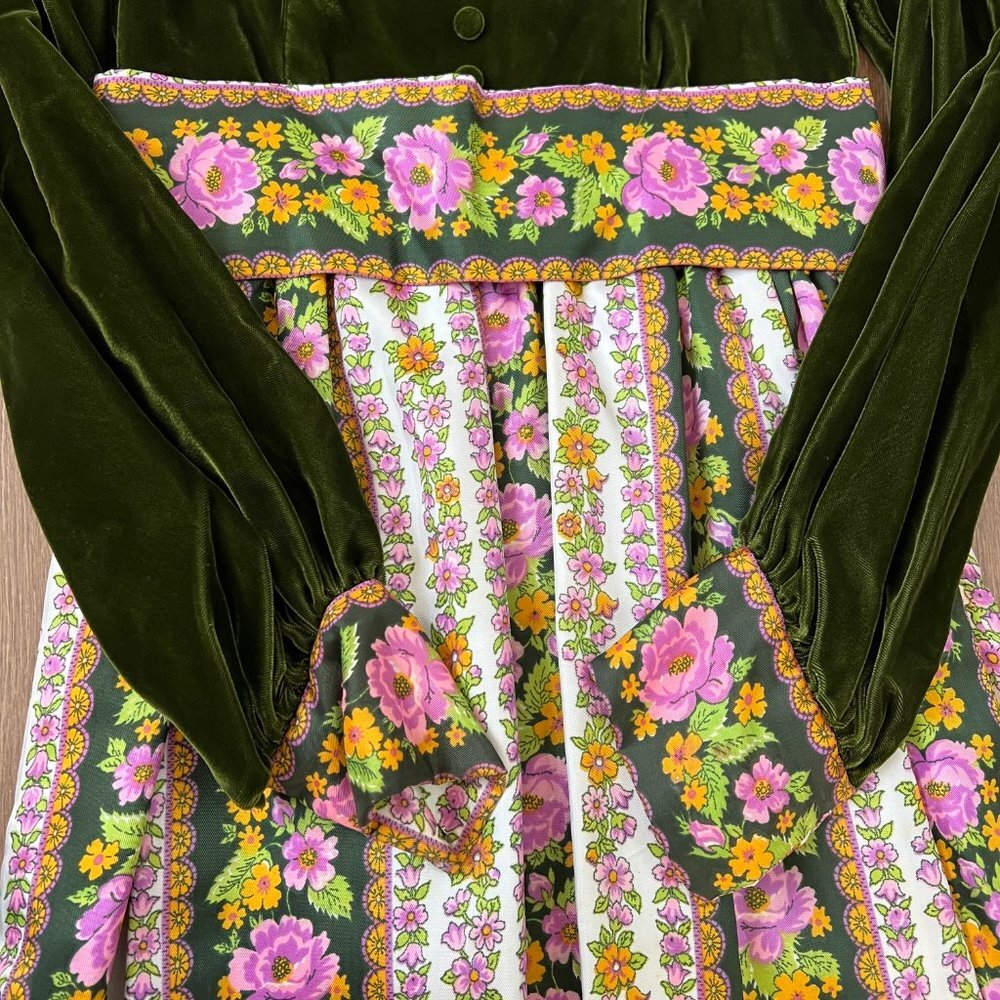 Vintage 70s Velvet Floral Cottage Prairie Peasant Maxi Dress Sz S - Picture 6 of 14